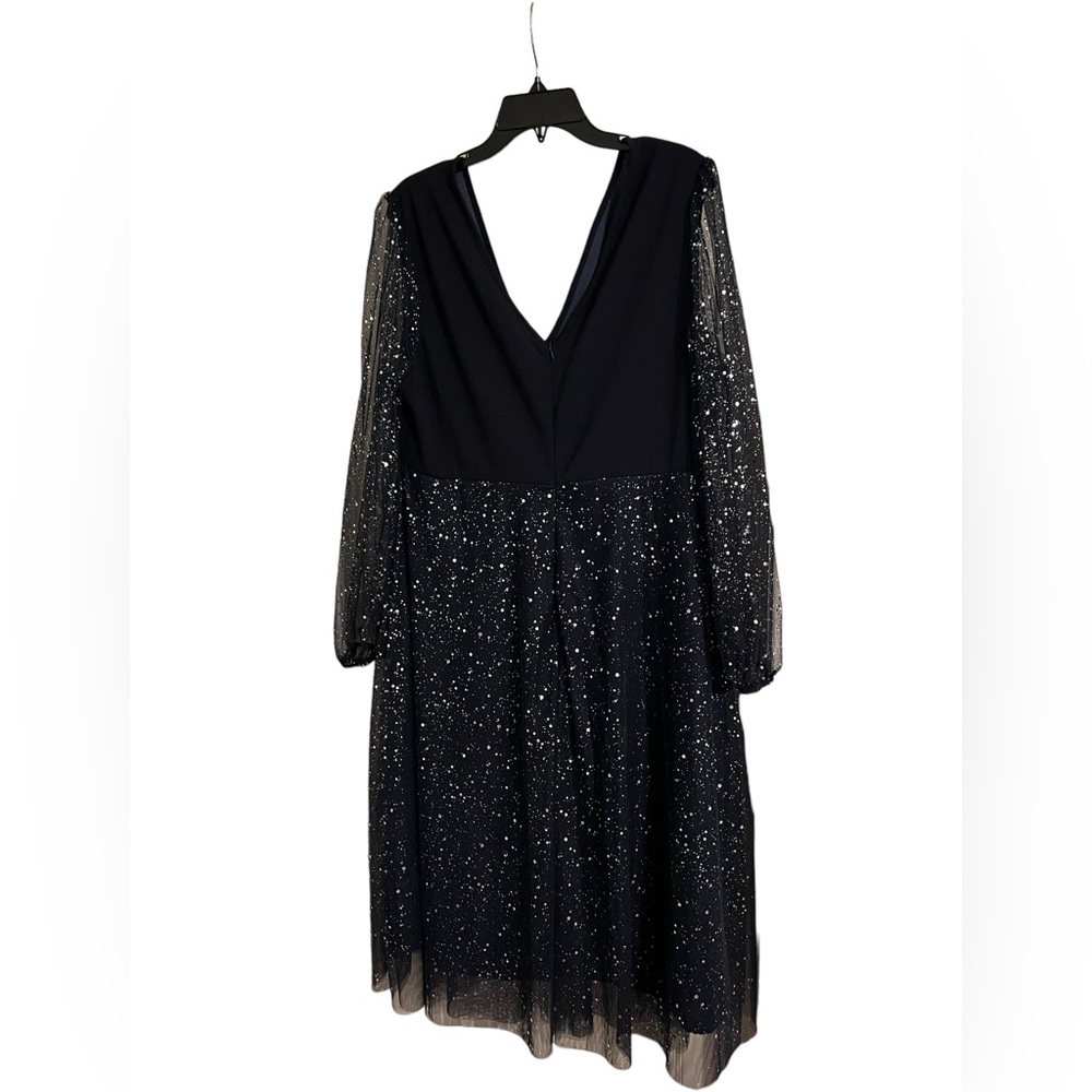 V Neck Mesh Panel Dress Navy Blue